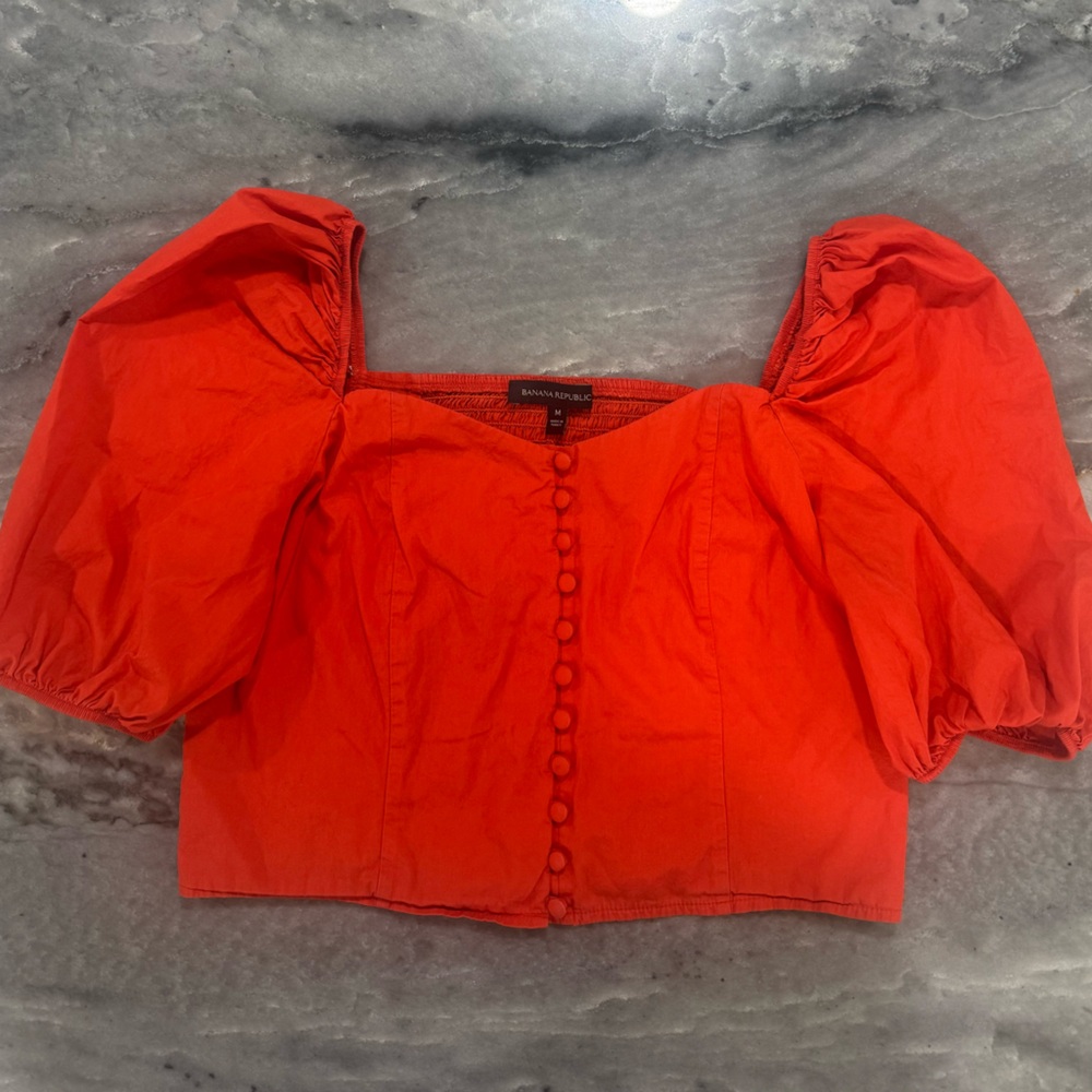 Banana Republic Red Button-Front Cropped Puff Sleeve Top